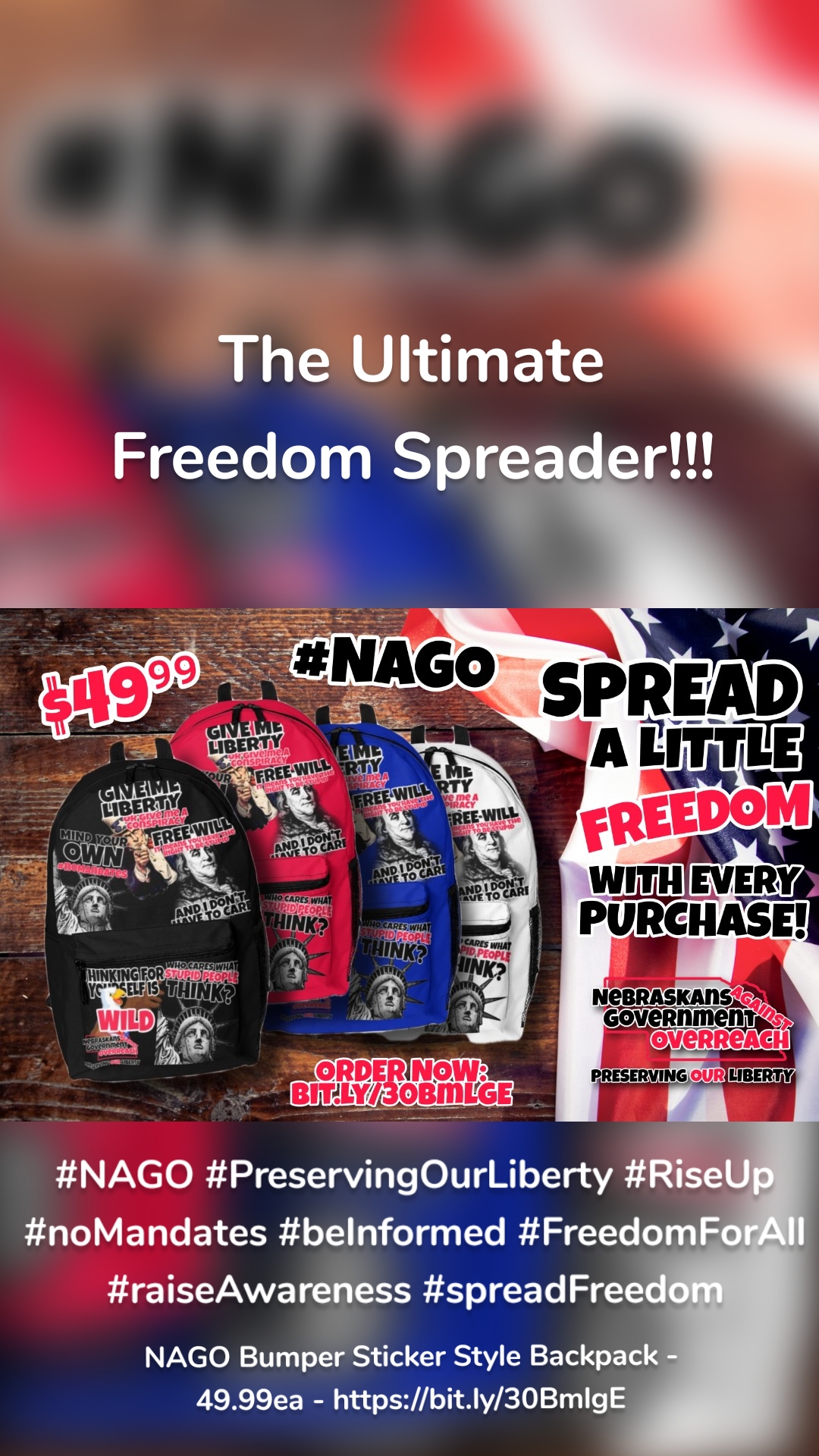 The Ultimate Freedom Spreader!!!
 NAGO Bumper Sticker Style Backpack - 49.99ea - https://bit.ly/30BmlgE #NAGO #PreservingOurLiberty #RiseUp #noMandates #beInformed #FreedomForAll #raiseAwareness #spreadFreedom